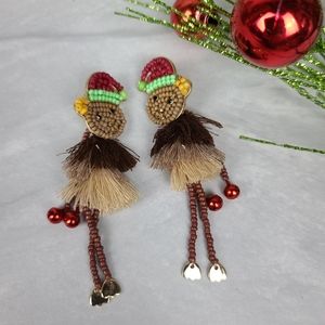 Santa Bear Tassel Drop Beaded Earrings